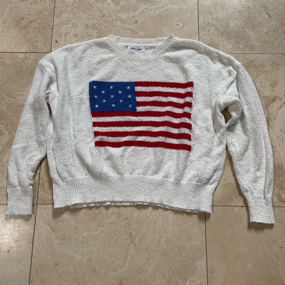 Sewn + Seen White Sweater with American Flag Design